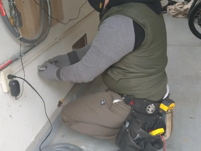 Electrician performing outlet wiring in a Hayesville garage